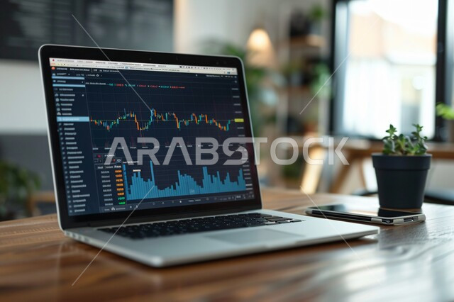 Cryptocurrency trading, integrating advanced technology with work, charts of the rise and fall of the global stock market, following the stock market using a laptop, financial and economic investment, the field of money and business, working in e-commerce