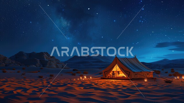 خيمة بدوية شعبية مضاءة بالفوانيس المعدنية وسط الصحراء، التضاريس والرمال الذهبية الناعمة في وقت الليل، التخييم في صحاري المملكة العربية السعودية, مخيمات سياحية في المناطق البرية، منظر السماء اللامعة بالنجوم، كشتة و جلسة بر شبابية