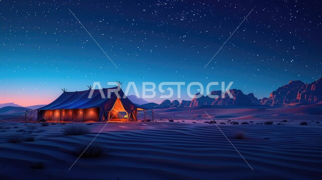 خيمة بدوية شعبية مضاءة بالفوانيس المعدنية وسط الصحراء، التضاريس والرمال الذهبية الناعمة في وقت الليل، التخييم في صحاري المملكة العربية السعودية, مخيمات سياحية في المناطق البرية، منظر السماء اللامعة بالنجوم، كشتة و جلسة بر شبابية