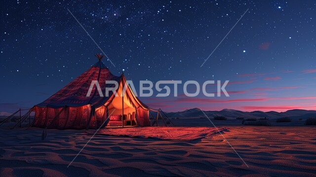 خيمة بدوية شعبية مضاءة بالفوانيس المعدنية وسط الصحراء، التضاريس والرمال الذهبية الناعمة في وقت الليل، التخييم في صحاري المملكة العربية السعودية, مخيمات سياحية في المناطق البرية، منظر السماء اللامعة بالنجوم، كشتة و جلسة بر شبابية
