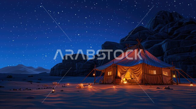 خيمة بدوية شعبية مضاءة بالفوانيس المعدنية وسط الصحراء، التضاريس والرمال الذهبية الناعمة في وقت الليل، التخييم في صحاري المملكة العربية السعودية, مخيمات سياحية في المناطق البرية، منظر السماء اللامعة بالنجوم، كشتة و جلسة بر شبابية