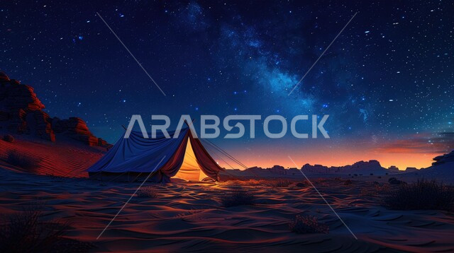 منظر السماء اللامعة بالنجوم، كشتة و جلسة بر شبابية، خيمة بدوية شعبية مضاءة بالفوانيس المعدنية وسط الصحراء، التضاريس والرمال الذهبية الناعمة في وقت الليل، التخييم في صحاري المملكة العربية السعودية, مخيمات سياحية في المناطق البرية
