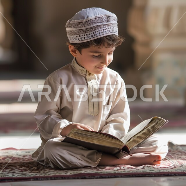 مفهوم حفظ وتلاوة كتاب الله، ولد عربي خليجي سعودي يرتدي العباءة والقبعة الإسلامية البيضاء بجلس في المسجد يمسك بيده القرآن الكريم، الاجتهاد في العباده والتقرب الى الله في شهر رمضان المبارك