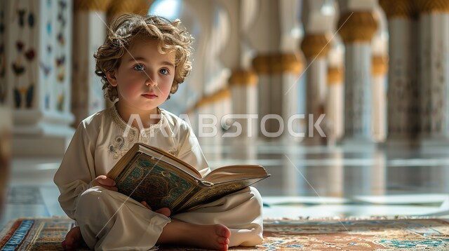 The concept of memorizing and reciting the Book of Allah, a Saudi Arabian boy wearing traditional clothing sitting in the mosque holding the Holy Quran in his hand, striving in worship and drawing closer to Allah in the blessed month of Ramadan