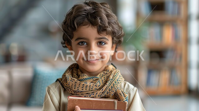 جودة التعليم في المملكة العربية السعودية، استقبال العام الدراسي الجديد بالحماس والسرور، الاستعداد للذهاب الى المدرسة، صورة مقربة لولد عربي خليجي سعودي يحمل الكتب والاوراق ينظر الى الكاميرا بإيماءات الفرح، العودة إلى المدارس