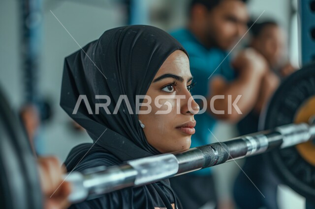 التدرب بجد وعزيمة للمحافظة على نظام الحياة الصحي, أنشطة رياضية تساعد على اللياقة البدنية, امرأة عربية خليجية سعودية محجبة ترتدي الملابس الرياضية تقوم برفع الأوزان الثقيلة, نادي رياضي نسائي في المملكة, أهمية الرياضة لجسد قوي سليم, أداء التمرينات بشكل منتظم