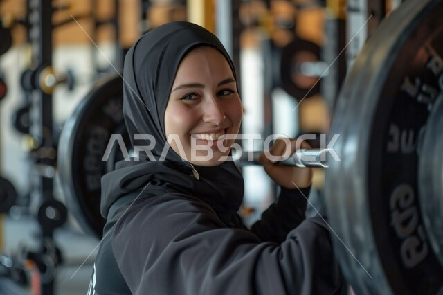  أنشطة عملية تساعد على اللياقة البدنية, أهمية الرياضة لجسد قوي سليم، المحافظة على نظام الحياة الصحي, شابة عربية خليجية سعودية محجبة مبتسمة ترتدي الملابس الرياضية تقوم برفع الأوزان, نادي رياضي نسائي في المملكة, ممارسة التمرينات الرياضية بشكل منتظم