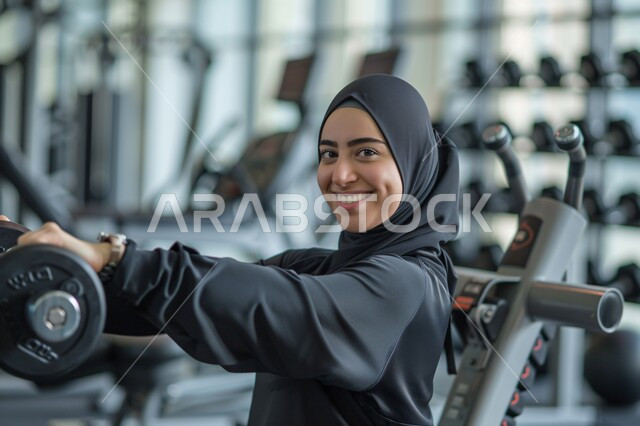 النظر للكاميرا بإيماءات البشاشة، المحافظة على نظام الحياة الصحي, أنشطة رياضية شبابية تساعد على اللياقة البدنية, امرأة عربية خليجية سعودية محجبة ترتدي الملابس الرياضية في النادي الرياضي النسائي, أهمية الرياضة لجسد قوي سليم, التدرب وأداء التمرينات بشكل منتظم