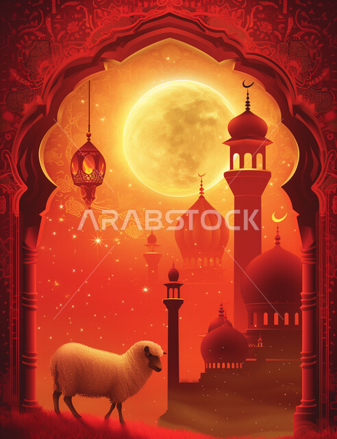 خلفيات عيد الأضحى المبارك, بطاقة تهنئة بالمناسبات والأعياد الإسلامية بخلفية حمراء, الخروف الأبيض والفانوس المضيء وقبب ومآذن المساجد في الإسلام, البدر في السماء والنجوم اللامعة حوله