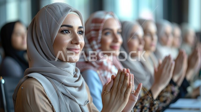 اجتماع في المكتب لمناقشة سير العمل, مجموعة من سيدات الأعمال العربيات الخليجيات السعوديات المحجبات يجلسن حول طاولة الاجتماعات, متابعة إستراتيجيات وأهداف الشركة, دراسة وتحليل المشاريع الجديدة, انخراط النساء في كافة المجالات المهنية والوظيفية في المجتمع السعودي