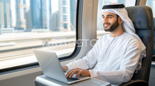 Integrating technology and techniques to follow up and develop business, remote work concept, smiling Saudi Arabian Gulf man wearing traditional dress sitting inside a plane using a laptop, achieving company goals, going on a business trip