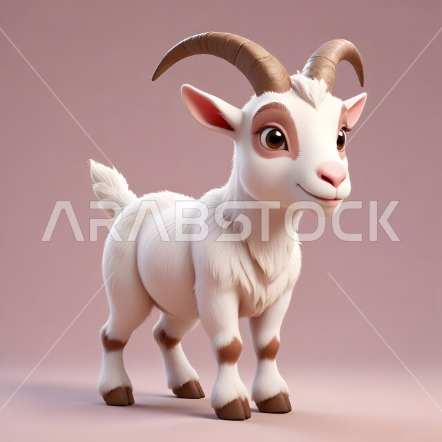 3D cartoon of cute white goat, Eid al-Adha sacrifice, Islamic religious holidays and events, animal and livestock breeding in nature reserves, gray background