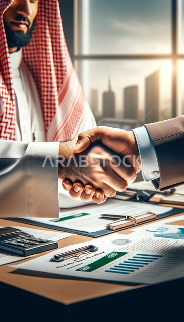 الإتفاق والشراكة على صفقة عمل جديدة, أقامة ورشات عمل واجتماعات, التعاون بين الشركات العربية الخليجية السعودية، متابعة أسهم البورصة، الاستثمار المالي والاقتصادي، رجلا اعمال عربيان خليجيان سعوديان يتصافحان، بيانات خسائر وارباح الشركة
