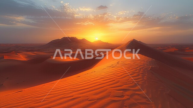 الهضاب و التلال من الرمال الناعمة الذهبية، التكوينات والتشكلات الرملية في صحراء المملكة العربية السعودية، المرتفعات و التضاريس والقمم الجبلية في البراري، مناطق البادية والبيئة الطبيعية الصحراوية وقت غروب الشمس، خلفية الطبيعة