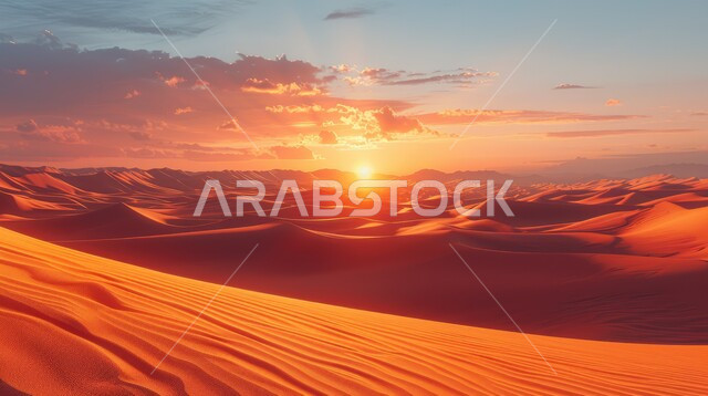 الهضاب و التلال من الرمال الناعمة الذهبية، التكوينات والتشكلات الرملية في صحراء المملكة العربية السعودية، المرتفعات و التضاريس والقمم الجبلية في البراري، مناطق البادية والبيئة الطبيعية الصحراوية وقت غروب الشمس، خلفية الطبيعة