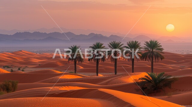  أشجار النخيل الخضراء في مناطق البادية والبيئة الطبيعية الصحراوية وقت غروب الشمس، التكوينات والتشكلات الرملية في صحراء المملكة العربية السعودية، المرتفعات و التضاريس في البراري، الهضاب و التلال من الرمال الناعمة الذهبية، خلفية الطبيعة