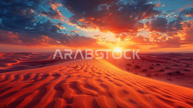 التكوينات والتشكلات الرملية في صحراء المملكة العربية السعودية، المرتفعات و التضاريس والقمم الجبلية في البراري، مناطق البادية والبيئة الطبيعية الصحراوية وقت غروب الشمس، الهضاب و التلال من الرمال الناعمة الذهبية، خلفية الطبيعة