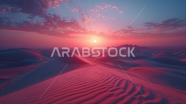 المرتفعات و التضاريس والقمم الجبلية في البراري، مناطق البادية والبيئة الطبيعية الصحراوية وقت غروب الشمس، التكوينات والتشكلات الرملية في صحراء المملكة العربية السعودية، الهضاب و التلال من الرمال الناعمة الذهبية، خلفية الطبيعة