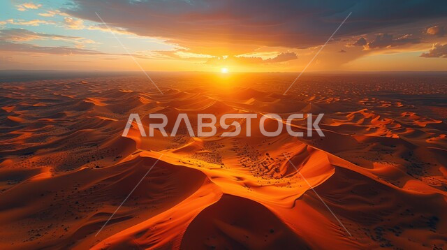 التكوينات والتشكلات الرملية في صحراء المملكة العربية السعودية، المرتفعات و التضاريس والقمم الجبلية في البراري، مناطق البادية والبيئة الطبيعية الصحراوية وقت غروب الشمس، الهضاب و التلال من الرمال الناعمة الذهبية، خلفية الطبيعة