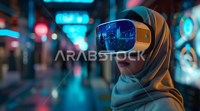 المتعة والتسلية بمحاكاة العالم الخيالي, الاندماج والتفاعل مع الواقع الافتراضي, استخدام الأجهزة والتكنولوجيا الحديثة والمتطورة, صورة مقربة لإمرأة عربية خليجية سعودية محجبة ترتدي نظارة في آر ثلاثية الأبعاد تنظر إلى شيء ما