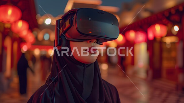 الاندماج والتفاعل مع الواقع الافتراضي, استخدام الأجهزة والتكنولوجيا الحديثة والمتطورة, صورة مقربة لإمرأة عربية خليجية سعودية محجبة ترتدي نظارة في آر ثلاثية الأبعاد تنظر إلى شيء ما، المتعة والتسلية بمحاكاة العالم الخيالي