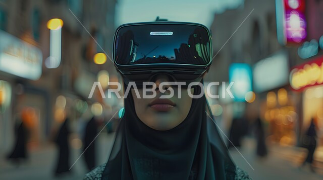  استخدام الأجهزة والتكنولوجيا الحديثة والمتطورة, صورة مقربة لإمرأة عربية خليجية سعودية محجبة ترتدي نظارة في آر ثلاثية الأبعاد تنظر إلى شيء ما، المتعة والتسلية بمحاكاة العالم الخيالي، الاندماج والتفاعل مع الواقع الافتراضي