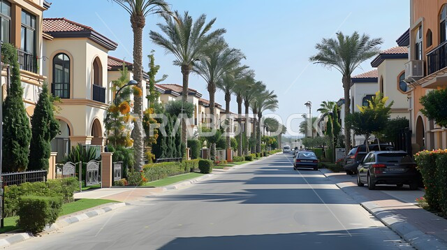 Luxury residential apartments and villas, urban growth and development in construction methods, palm trees and green spaces extending on both sides of the paved road, modern architectural design of homes and cottages