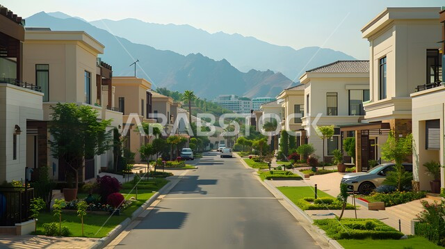 التقدم العمراني في طرق البناء, أشجار النخيل والمساحات الخضراء الممتدة على جانبي الطريق المعبد, التصميم المعماري الحديث للمنازل والبيوت, فلل وشقق سكنية فاخرة