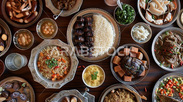 أصناف الأطباق والمقبلات العربية الشرقية اللذيذة، أجواء شهر رمضان المبارك، الولائم والعزائم في الأعياد والمناسبات، المطابخ والمطاعم في المملكة العربية السعودية، طاولة طعام مليئة بالوجبات المتنوعة الرمضانية، سفرة ون المأكولات الشعبية التقليدية الشهية