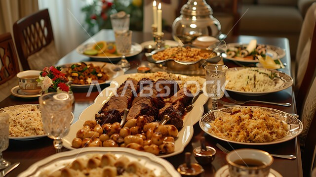 أجواء شهر رمضان المبارك، الولائم والعزائم في الأعياد والمناسبات، المطابخ والمطاعم في المملكة العربية السعودية، طاولة طعام مليئة بالوجبات المتنوعة الرمضانية، سفرة ون المأكولات الشعبية التقليدية الشهية، أصناف الأطباق والمقبلات العربية الشرقية اللذيذة