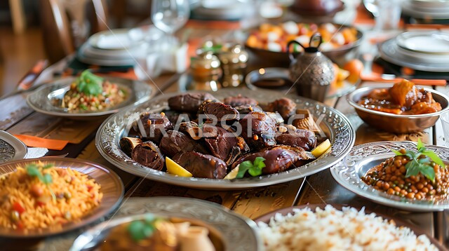 الولائم والعزائم في الأعياد والمناسبات، المطابخ والمطاعم في المملكة العربية السعودية، طاولة طعام مليئة بالوجبات المتنوعة الرمضانية، سفرة ون المأكولات الشعبية التقليدية الشهية، أصناف الأطباق والمقبلات العربية الشرقية اللذيذة، أجواء شهر رمضان المبارك