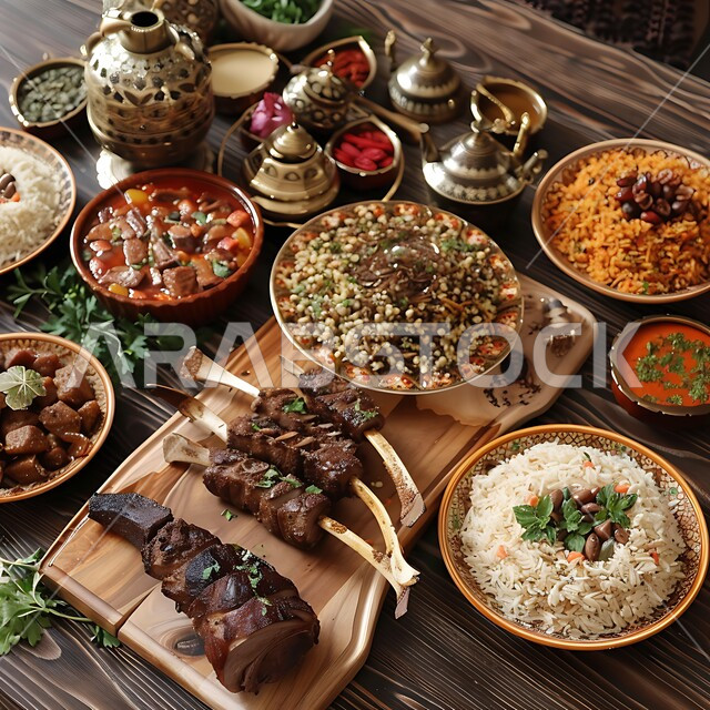 العزائم والولائم في الأعياد والمناسبات، المطابخ والمطاعم في المملكة العربية السعودية، طاولة طعام مليئة بالوجبات المتنوعة الرمضانية، سفرة ون المأكولات الشعبية التقليدية الشهية، أصناف الأطباق والمقبلات العربية الشرقية اللذيذة، أجواء شهر رمضان المبارك