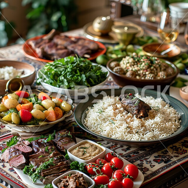 Kitchens and restaurants in the Kingdom of Saudi Arabia, a dining table full of various Ramadan meals, a table full of delicious traditional popular foods, types of delicious oriental Arab dishes and appetizers, the atmosphere of the holy month of Ramadan, feasts and banquets on holidays and occasions