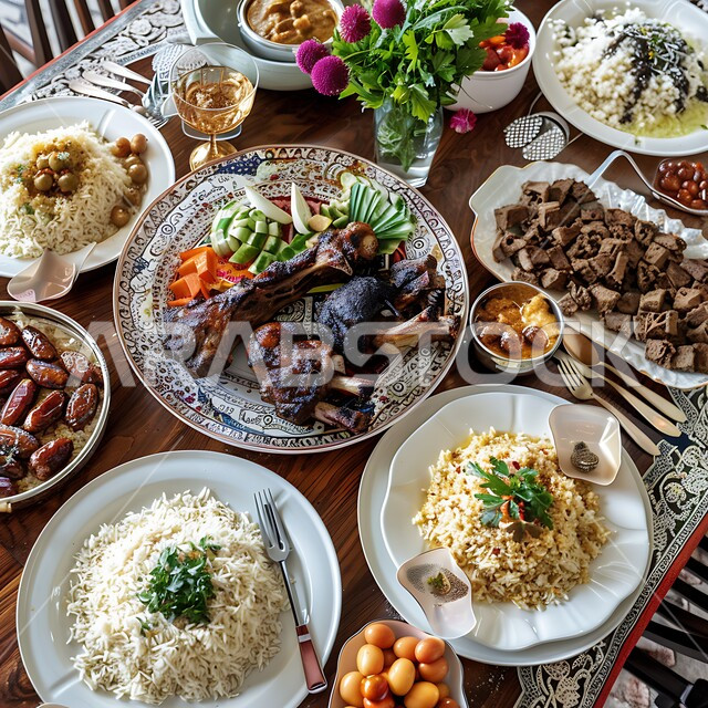 المطاعم والمطابخ في المملكة العربية السعودية، سفرة ون المأكولات الشعبية التقليدية الشهية، أصناف الأطباق والمقبلات العربية الشرقية اللذيذة، أجواء شهر رمضان المبارك، طاولة طعام مليئة بالوجبات المتنوعة الرمضانية، العزائم والولائم في الأعياد والمناسبات