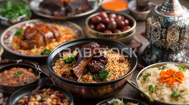 مائدة من المأكولات الشعبية التقليدية الشهية، أصناف الأطباق والمقبلات العربية الشرقية اللذيذة، أجواء شهر رمضان المبارك، المطاعم والمطابخ في المملكة العربية السعودية، طاولة طعام مليئة بالوجبات المتنوعة الرمضانية، العزائم والولائم في الأعياد والمناسبات