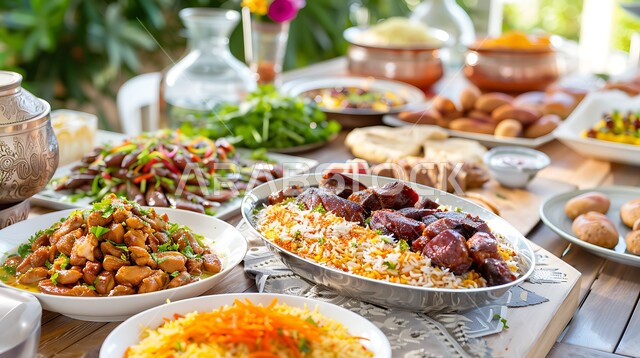 سفرة من المأكولات الشعبية التقليدية الشهية، أصناف الأطباق والمقبلات العربية الشرقية اللذيذة، أجواء شهر رمضان المبارك، المطاعم والمطابخ في المملكة العربية السعودية، طاولة طعام مليئة بالوجبات المتنوعة الرمضانية، العزائم والولائم في الأعياد والمناسبات