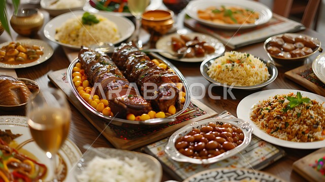أجواء شهر رمضان المبارك، أصناف الأطباق والمقبلات العربية الشرقية اللذيذة، سفرة من المأكولات الشعبية التقليدية الشهية، المطاعم والمطابخ في المملكة العربية السعودية، طاولة طعام مليئة بالوجبات المتنوعة الرمضانية، العزائم والولائم في الأعياد والمناسبات