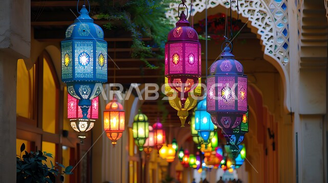 أعمدة مزخرفة بنمط الموزاييك وممر مسجد بطراز عربي عريق، زينة وأنوار رمضان المبارك، الإحتفال بقدوم شهر الخير والبركة، الفوانيس المزخرفة المضيئة المعلقة بالسقف، الفن الهندسي الاسلامي في الديكورات الكلاسيكية الفاخرة