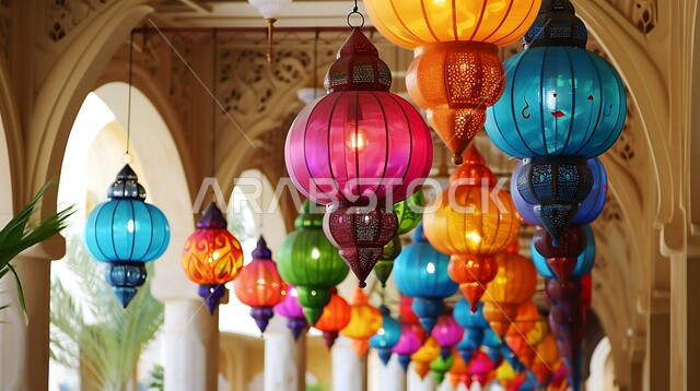 الفوانيس المزخرفة المضيئة المعلقة بالسقف، أعمدة مزخرفة بنمط الموزاييك وممر مسجد بطراز عربي عريق، زينة وأنوار رمضان المبارك، الإحتفال بقدوم شهر الخير والبركة، الفن الهندسي الاسلامي في الديكورات الكلاسيكية الفاخرة