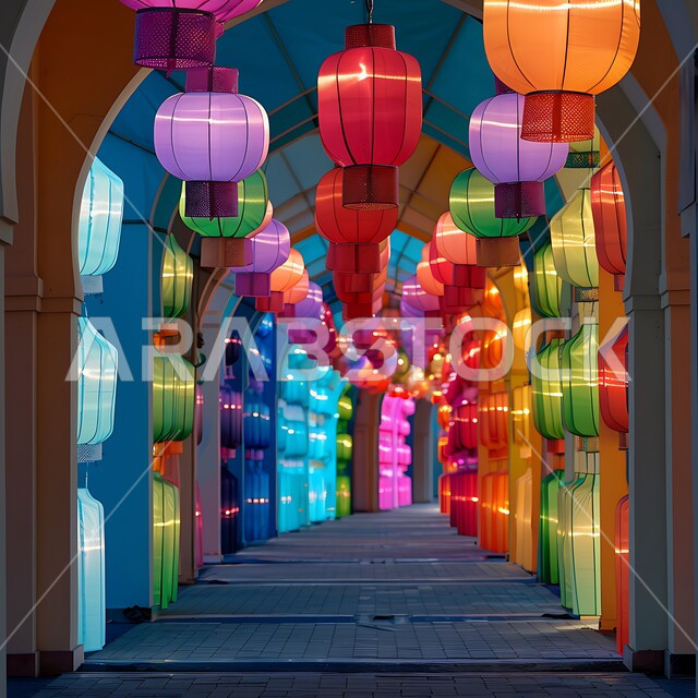 أنوار و زينة رمضان المبارك، الإحتفال بقدوم شهر الخير والبركة، الفوانيس المزخرفة المضيئة المعلقة بالسقف، ممر مسجد بطراز عربي عريق وأعمدة مزخرفة بنمط الموزاييك، الفن الهندسي الاسلامي في الديكورات الكلاسيكية الفاخرة