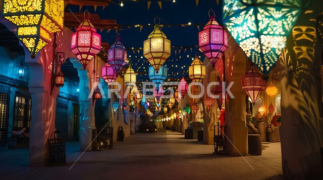 الفوانيس المزخرفة المضيئة المعلقة بالسقف، ممر مسجد بطراز عربي عريق وأعمدة مزخرفة بنمط الموزاييك، الفن الهندسي الاسلامي في الديكورات الكلاسيكية الفاخرة، الإحتفال بقدوم شهر الخير والبركة، أنوار و زينة رمضان المبارك