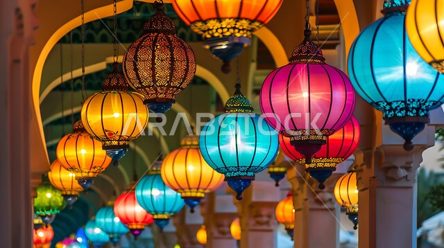 الفن الهندسي الاسلامي في الديكورات الكلاسيكية الفاخرة، ممر مسجد بطراز عربي عريق وأعمدة مزخرفة بنمط الموزاييك، الفوانيس المزخرفة المضيئة المعلقة بالسقف، الإحتفال بقدوم شهر الخير والبركة، أنوار و زينة رمضان المبارك