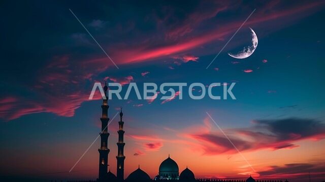 القبب والمآذن بتصاميم وديكورات هندسية على الطراز الإسلامي، منظر الهلال المضيء في السماء، المعالم والأماكن الدينيه الإسلاميه في المملكه العربيه السعوديه, العباده والتقرب إلى الله, دعوة المسلمين إلى الصلاه، صورة ظليه لمسجد بعد الغروب, سالويت