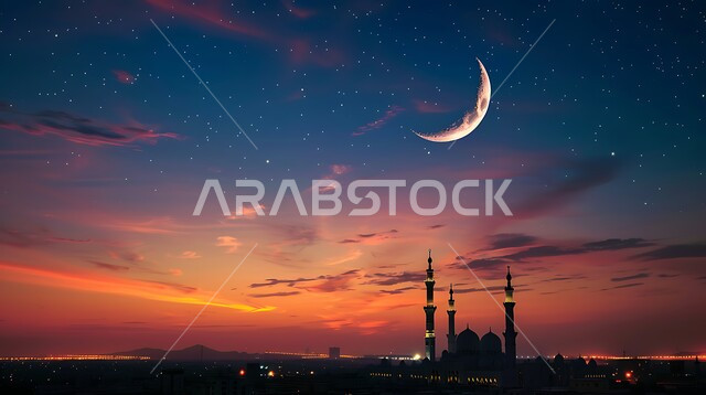 المآذن والقبب بتصاميم وديكورات هندسية على الطراز الإسلامي، منظر الهلال المضيء في السماء، المعالم والأماكن الدينيه الإسلاميه في المملكه العربيه السعوديه, العباده والتقرب إلى الله, دعوة المسلمين إلى الصلاه، صورة ظليه لمسجد بعد الغروب, سالويت