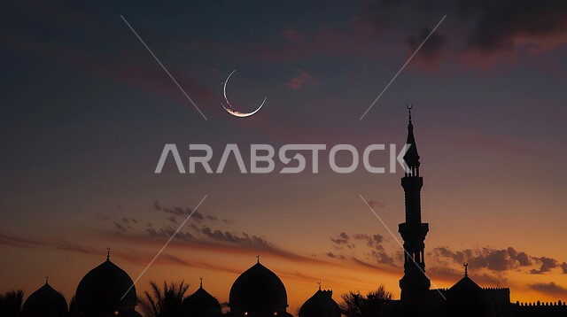 منظر الهلال المضيء في السماء، التصاميم والديكورات الهندسية للمآذن والقبب على الطراز الإسلامي، المعالم والأماكن الدينيه الإسلاميه في المملكه العربيه السعوديه, العباده والتقرب إلى الله, دعوة المسلمين إلى الصلاه، صورة ظليه لمسجد بعد الغروب, سالويت