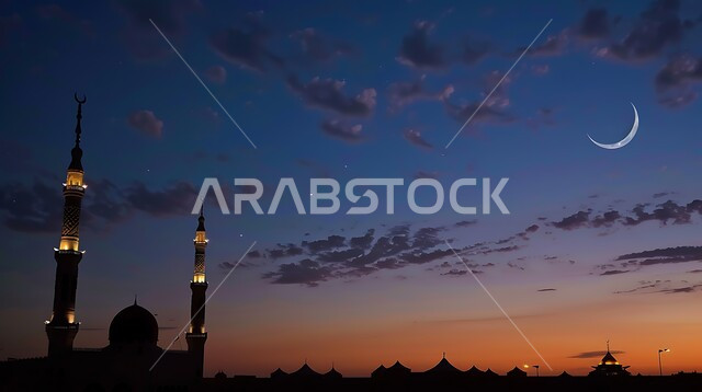 التصاميم والديكورات الهندسية للمآذن والقبب على الطراز الإسلامي، المعالم والأماكن الدينيه الإسلاميه في المملكه العربيه السعوديه, العباده والتقرب إلى الله, دعوة المسلمين إلى الصلاه، صورة ظليه لمسجد بعد الغروب, منظر الهلال المضيء في السماء، سالويت