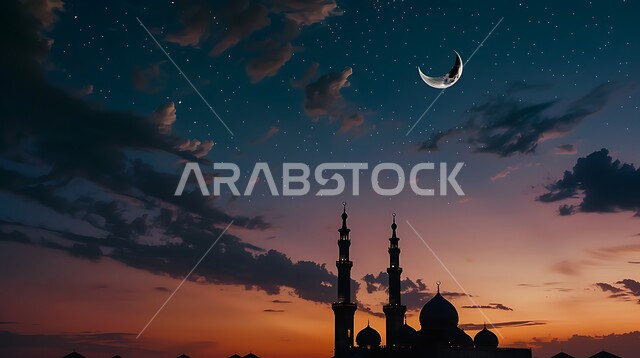 العباده والتقرب إلى الله, دعوة المسلمين إلى الصلاه، صورة ظليه لمسجد بعد الغروب, الأماكن والمعالم الدينيه الإسلاميه في المملكه العربيه السعوديه, الديكورات والتصاميم الهندسية للمآذن والقبب على الطراز الإسلامي، منظر الهلال المضيء في السماء، سالويت