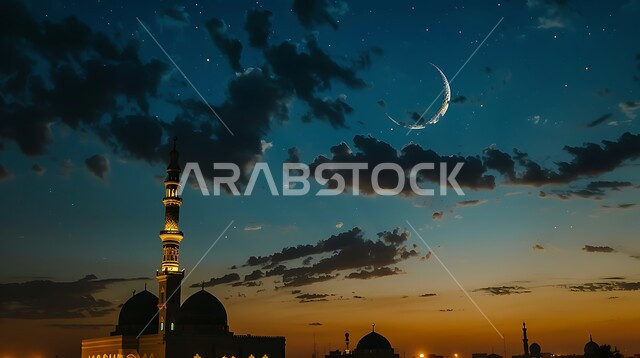 دعوة المسلمين إلى الصلاه، العباده والتقرب إلى الله, صورة ظليه لمسجد بعد الغروب, الأماكن والمعالم الدينيه الإسلاميه في المملكه العربيه السعوديه, الديكورات والتصاميم الهندسية للمآذن والقبب على الطراز الإسلامي، منظر الهلال المضيء في السماء، سالويت