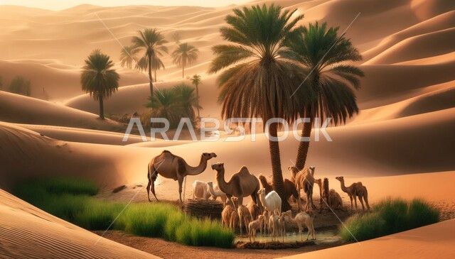 A group of camels standing in the middle of the desert of Saudi Arabia, interest in raising camels and camels, sand dunes and desert areas, concept of livestock and mammal care, rock formations and landscapes in deserts