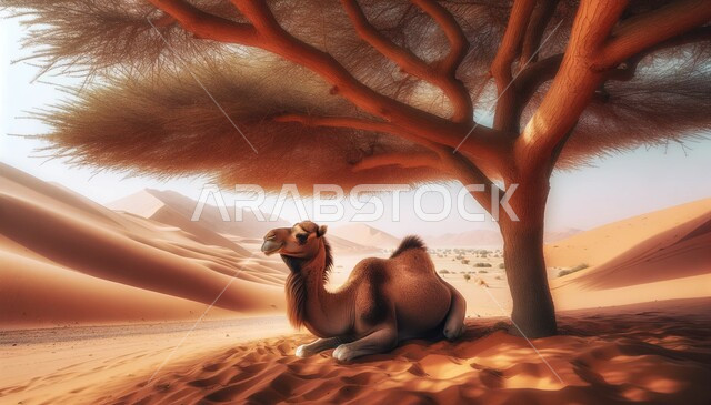 حيوان الجمل يقف وسط صحراء المملكة العربية السعودية، الاهتمام في تربية الجمال و الإبل، الكثبان الرملية و المناطق الصحراوية، مفهوم رعاية المواشي والثدييات، التكوينات والتشكيلات الصخرية والمناظر الطبيعية في الصحاري